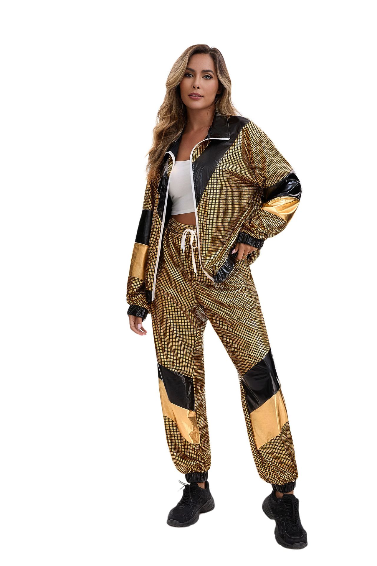 Womens Hip Hop Dance Costume Set 80s Disco Sportswear Two Piece Set Tracksuit
